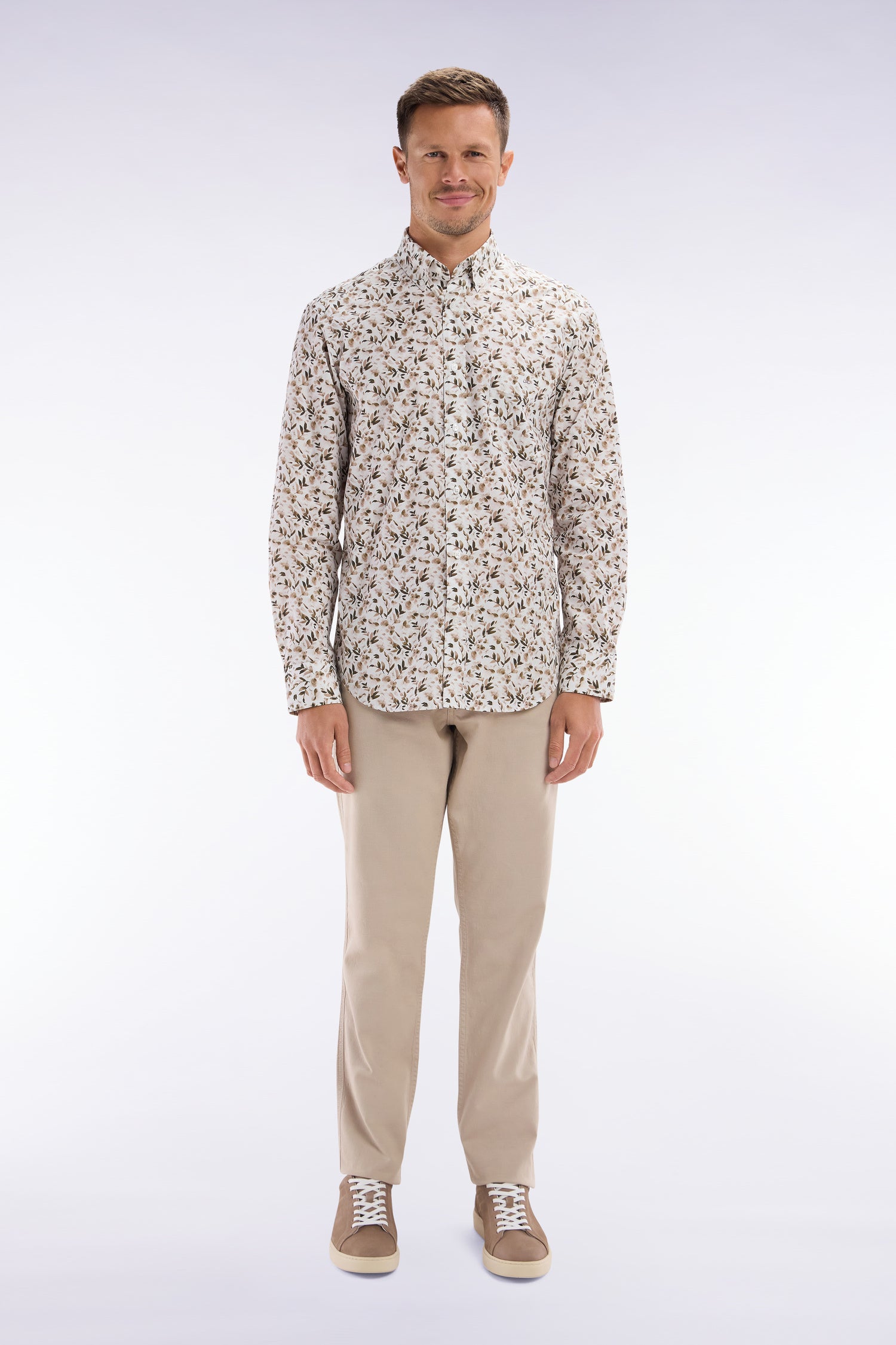 pantalón chino sin pliegue en algodón y lino stretch beige corte recto