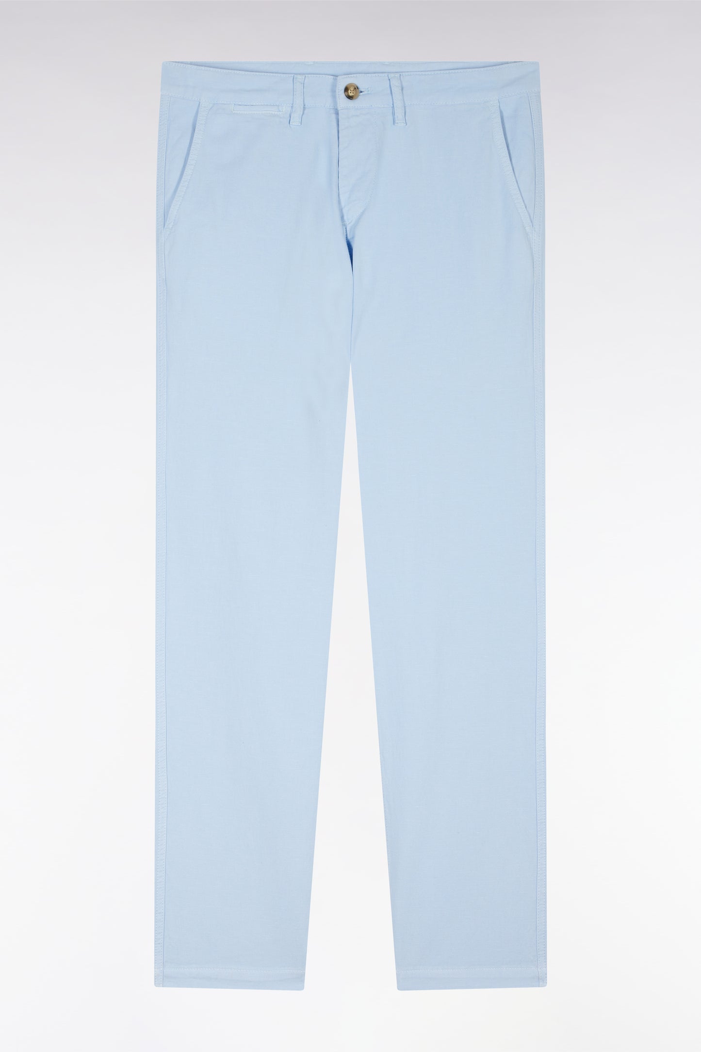 Pantalon chino sans pli en coton et lin stretch bleu ciel coupe droite