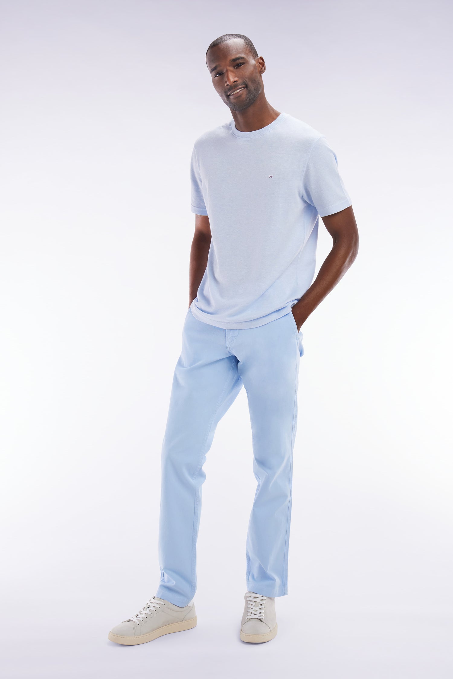 Hose Chinohose ohne Falte aus Baumwolle und Leinen stretch Himmelblau gerade Passform