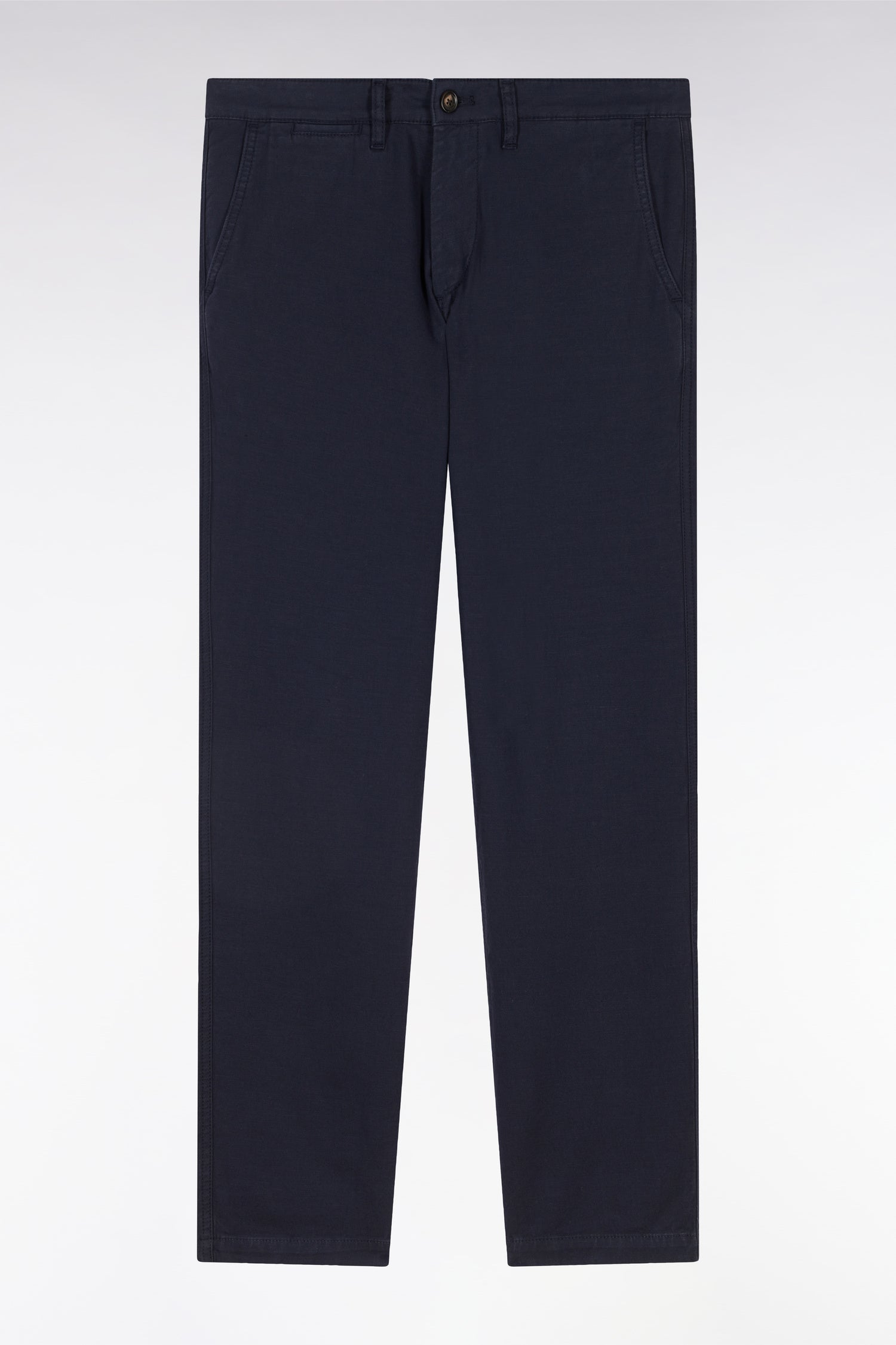 Pantalon chino sans pli en coton et lin stretch marine coupe droite