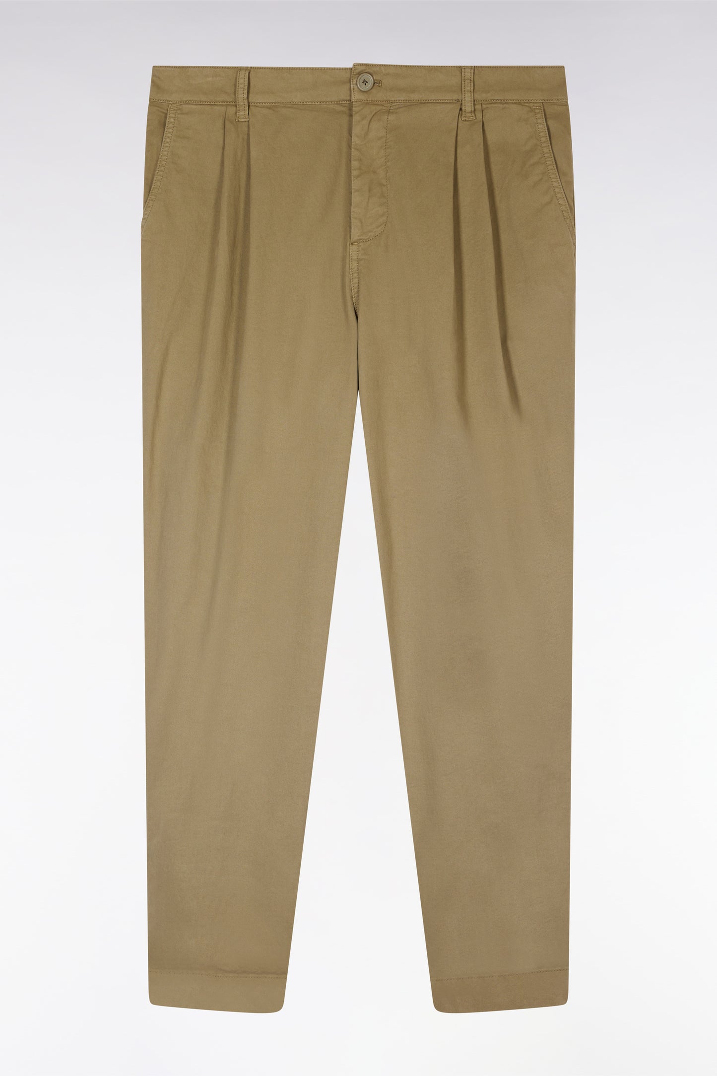 Pleated straight fit chinos in khaki stretch cotton