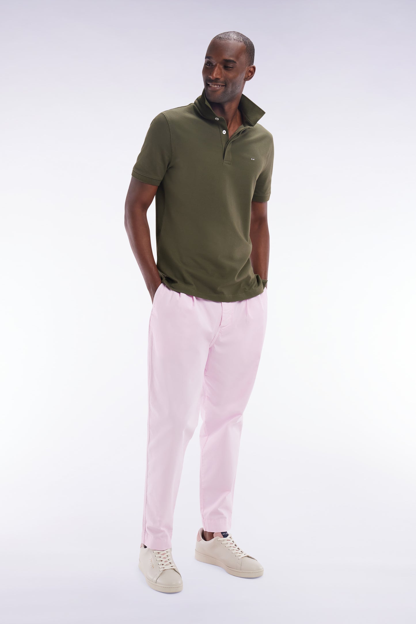 Pleated straight fit chinos in pink stretch cotton