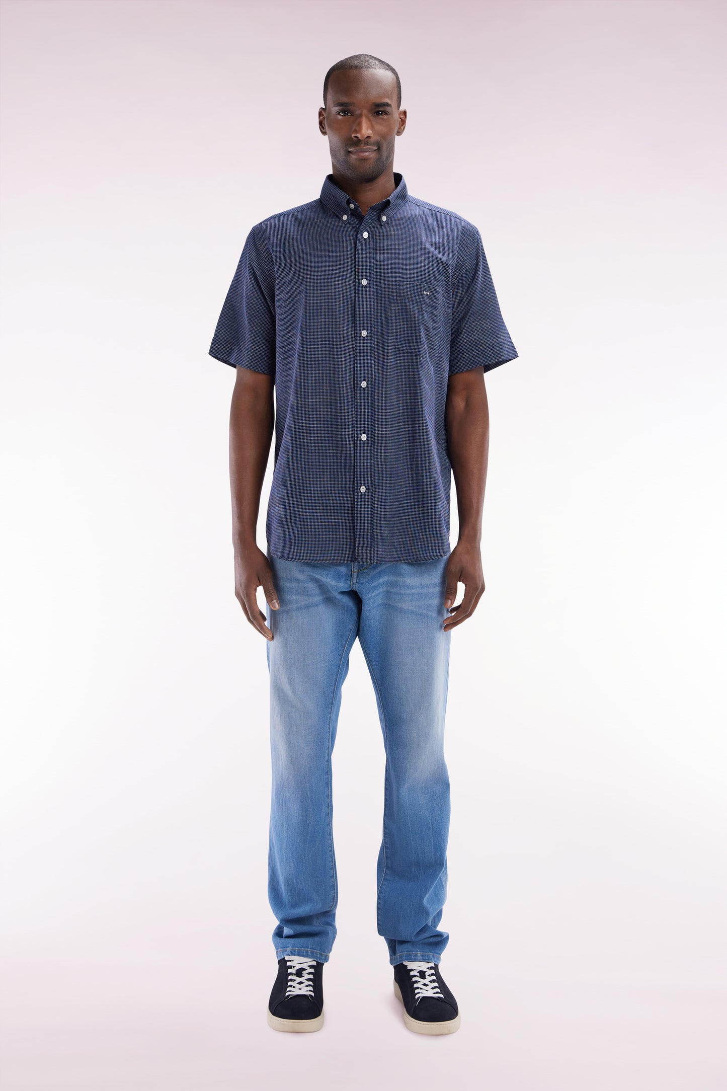 Straight-fit medium-wash stretch denim 5-pocket jeans