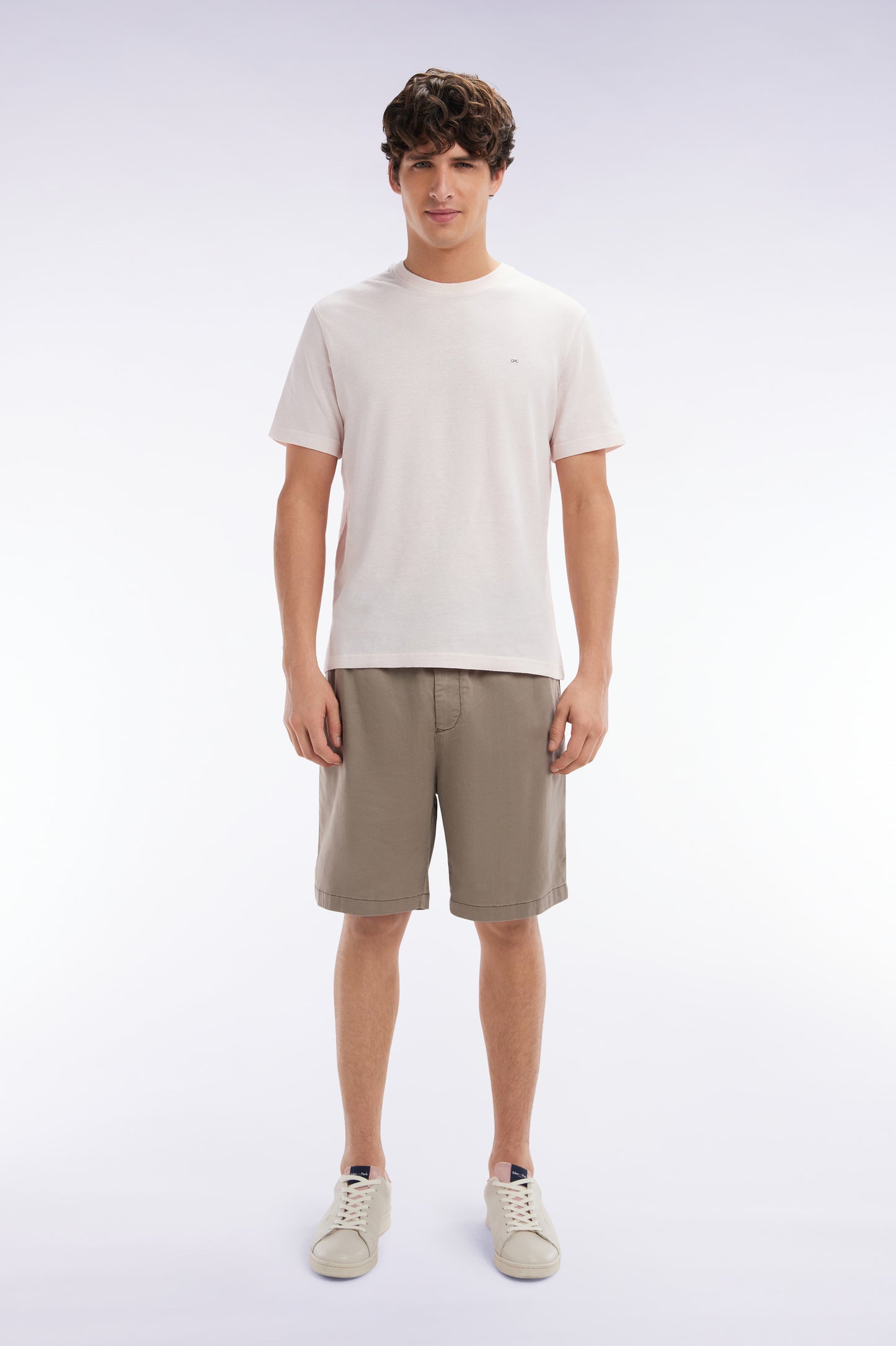 Elasticated waistband sand Bermuda shorts in lyocell and stretch cotton