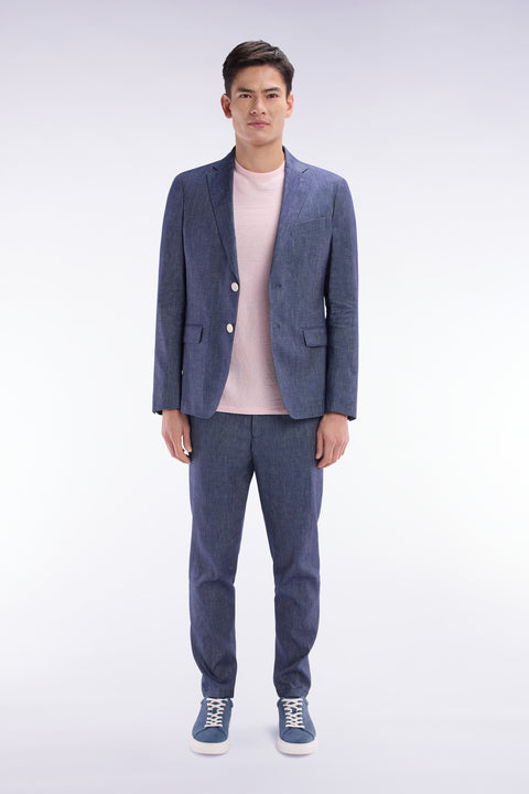 Pantalon à taille élastique en lin et coton stretch indigo - Image 1