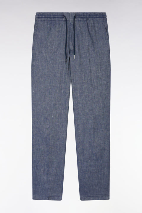 Pantalon à taille élastique en lin et coton stretch indigo - Image 2