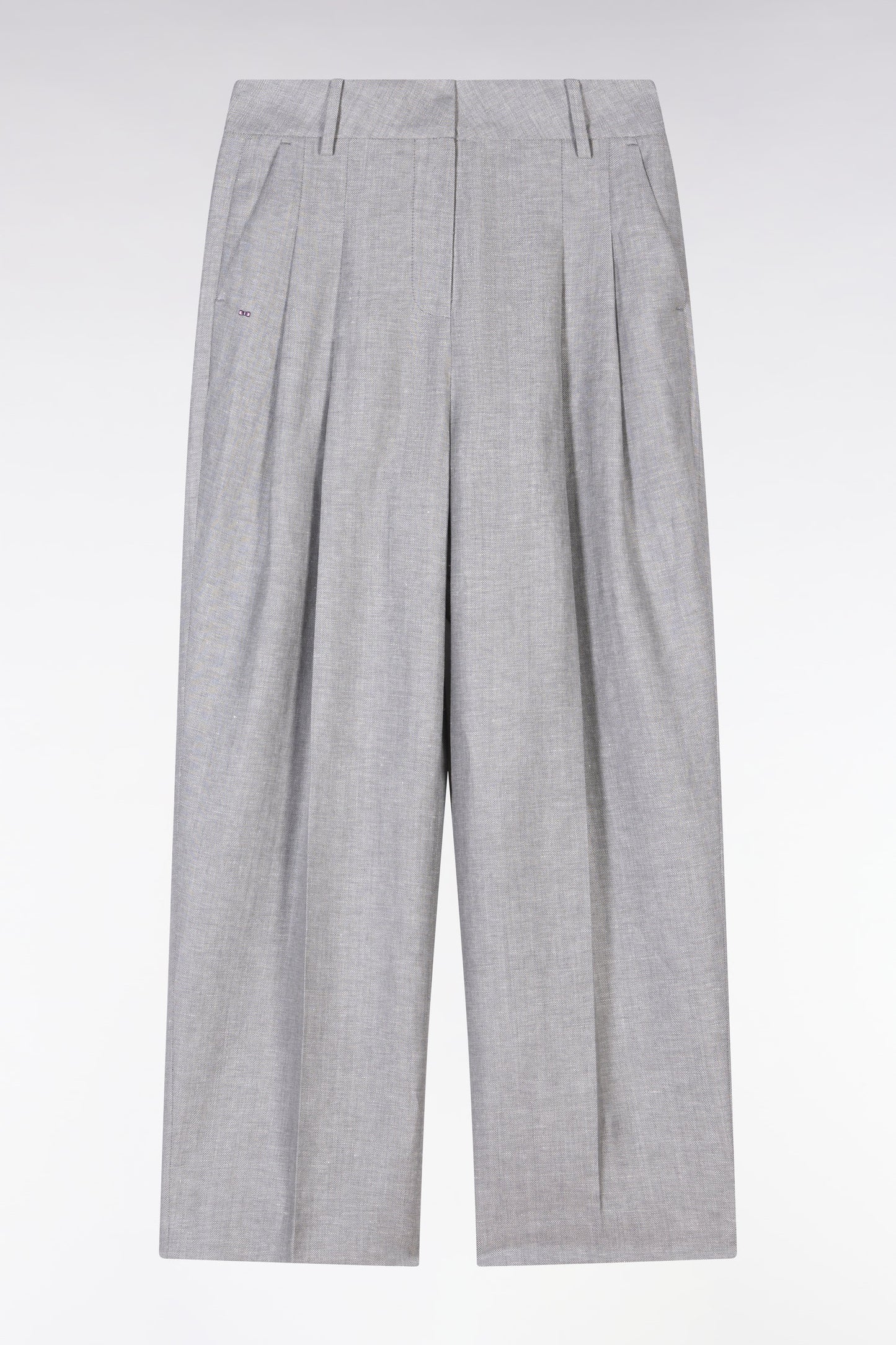 Pantalon chevron à plis en laine et lin gris