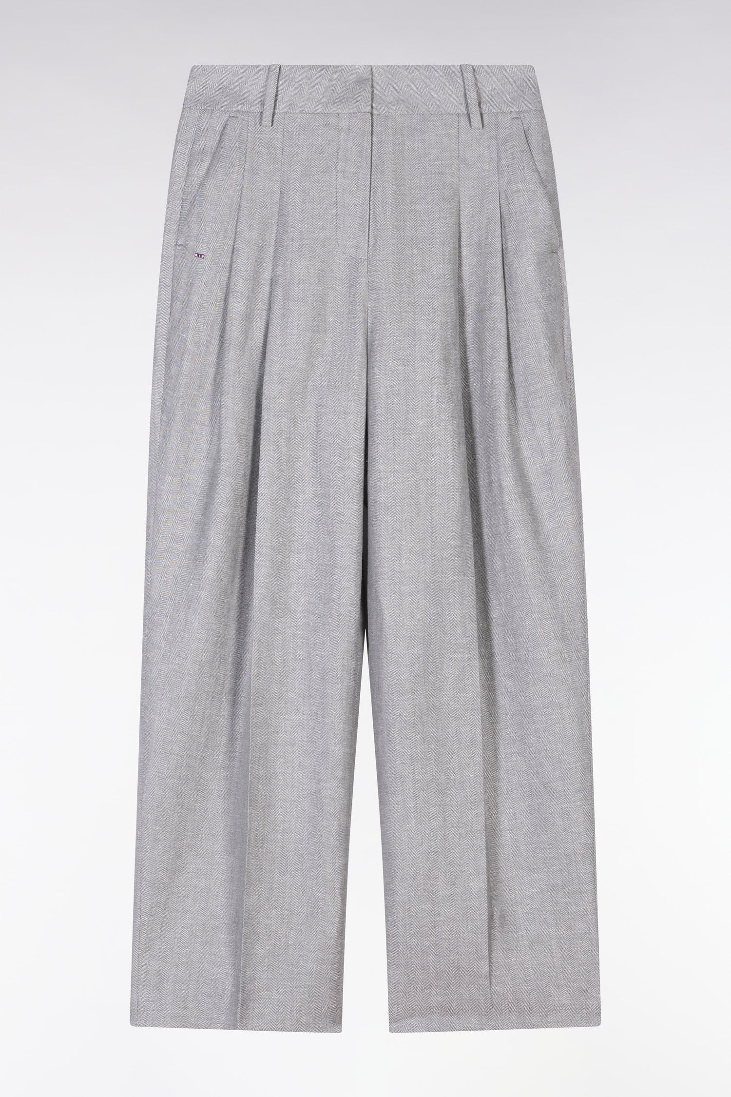 Pantalon chevron à plis en laine et lin gris
