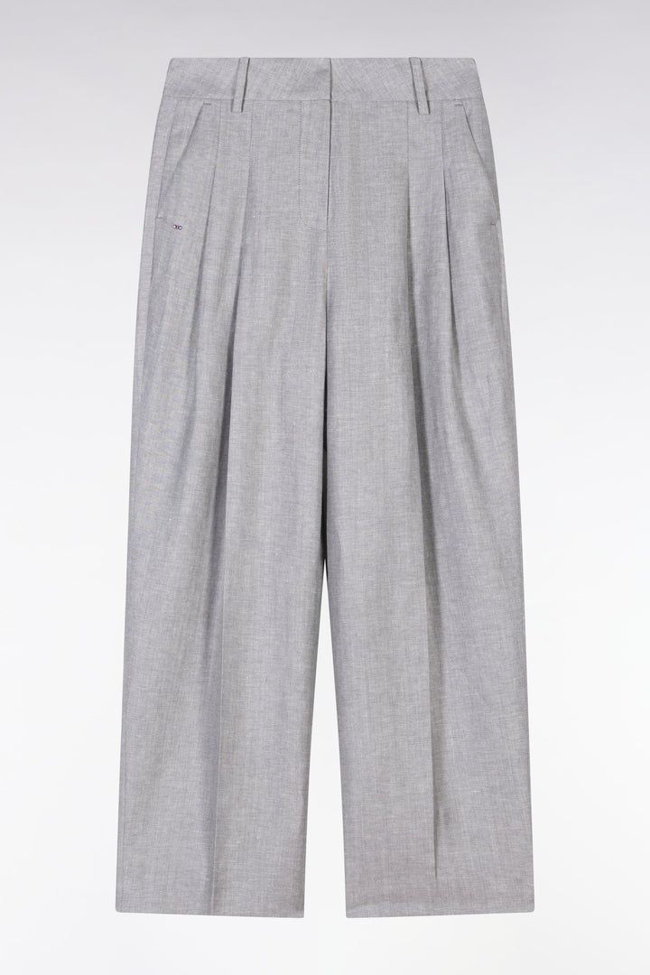 Pantalon chevron à plis en laine et lin gris