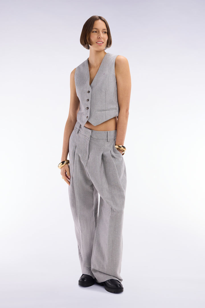 Pantalon chevron à plis en laine et lin gris
