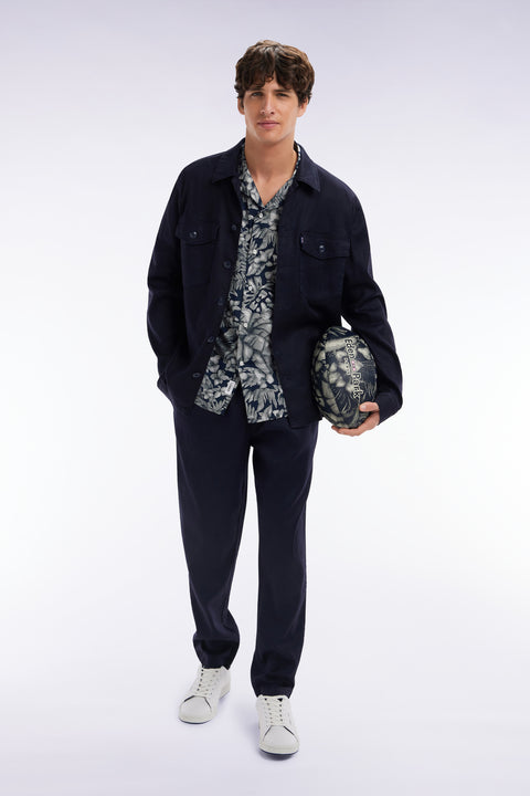 Pantalon fluide à taille élastique en lin et coton stretch marine - Image 2