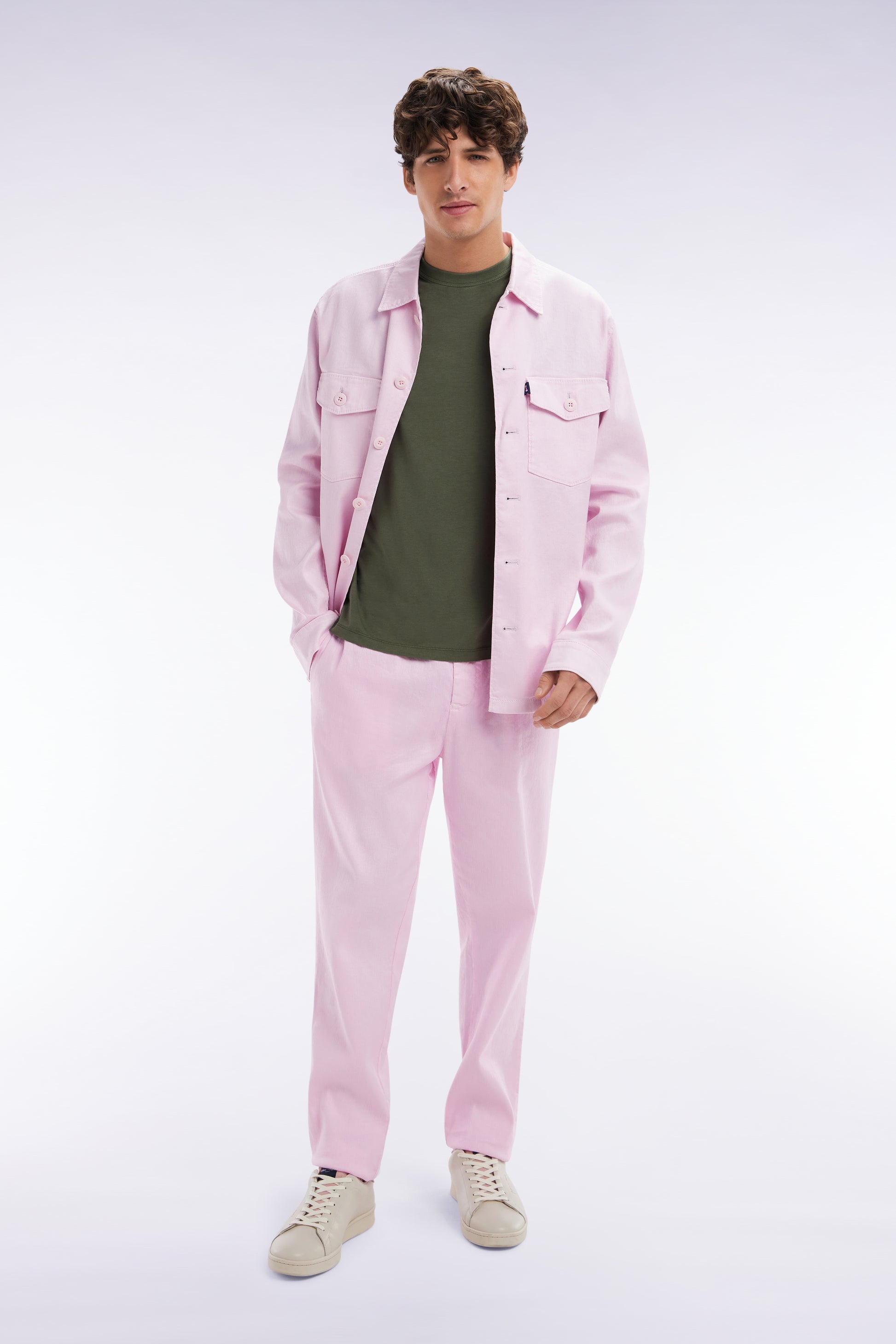 Pantalon fluide à taille élastique en lin et coton stretch rose