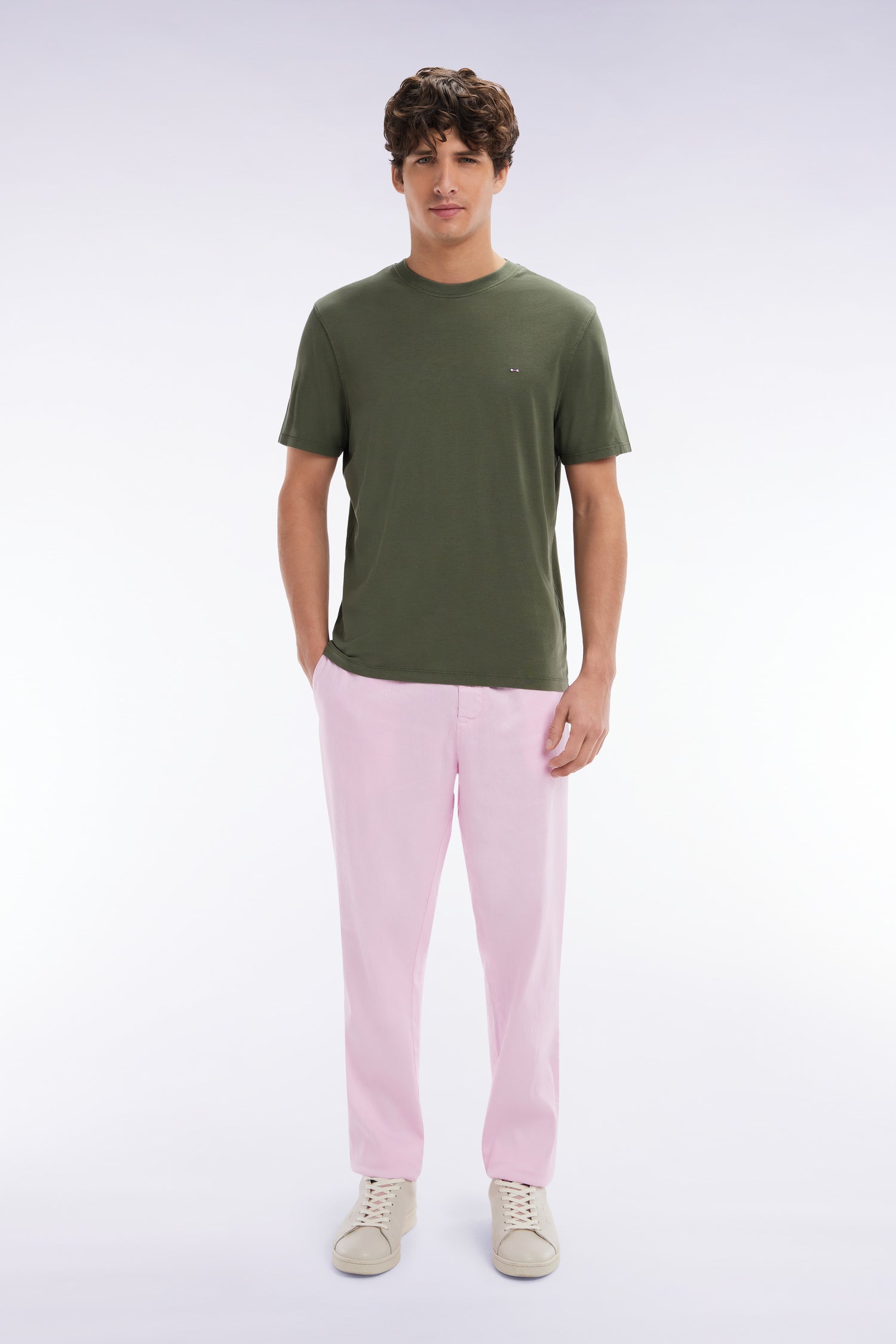 Pantalon fluide à taille élastique en lin et coton stretch rose