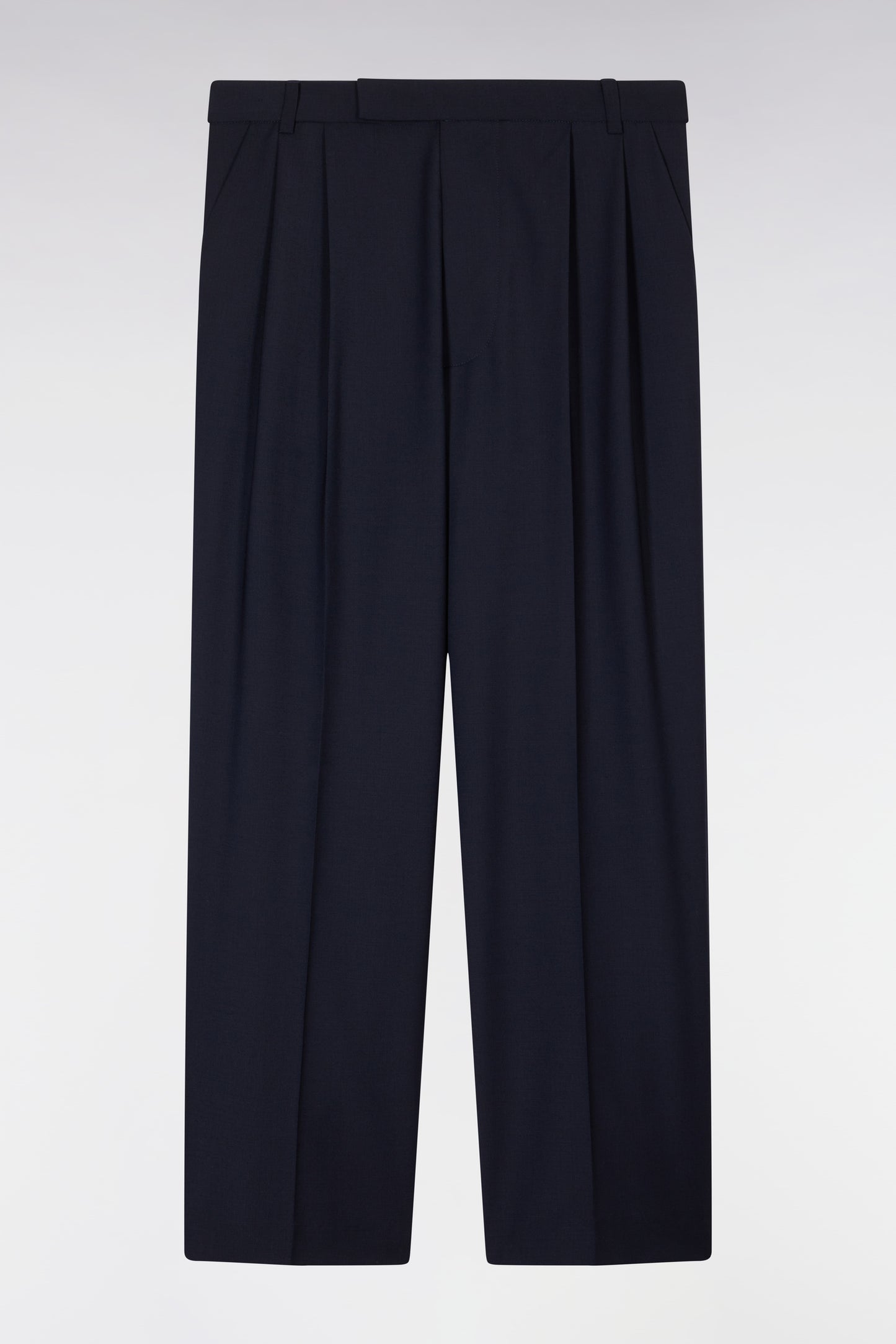 Wide-leg pleated trousers in navy stretch wool blend