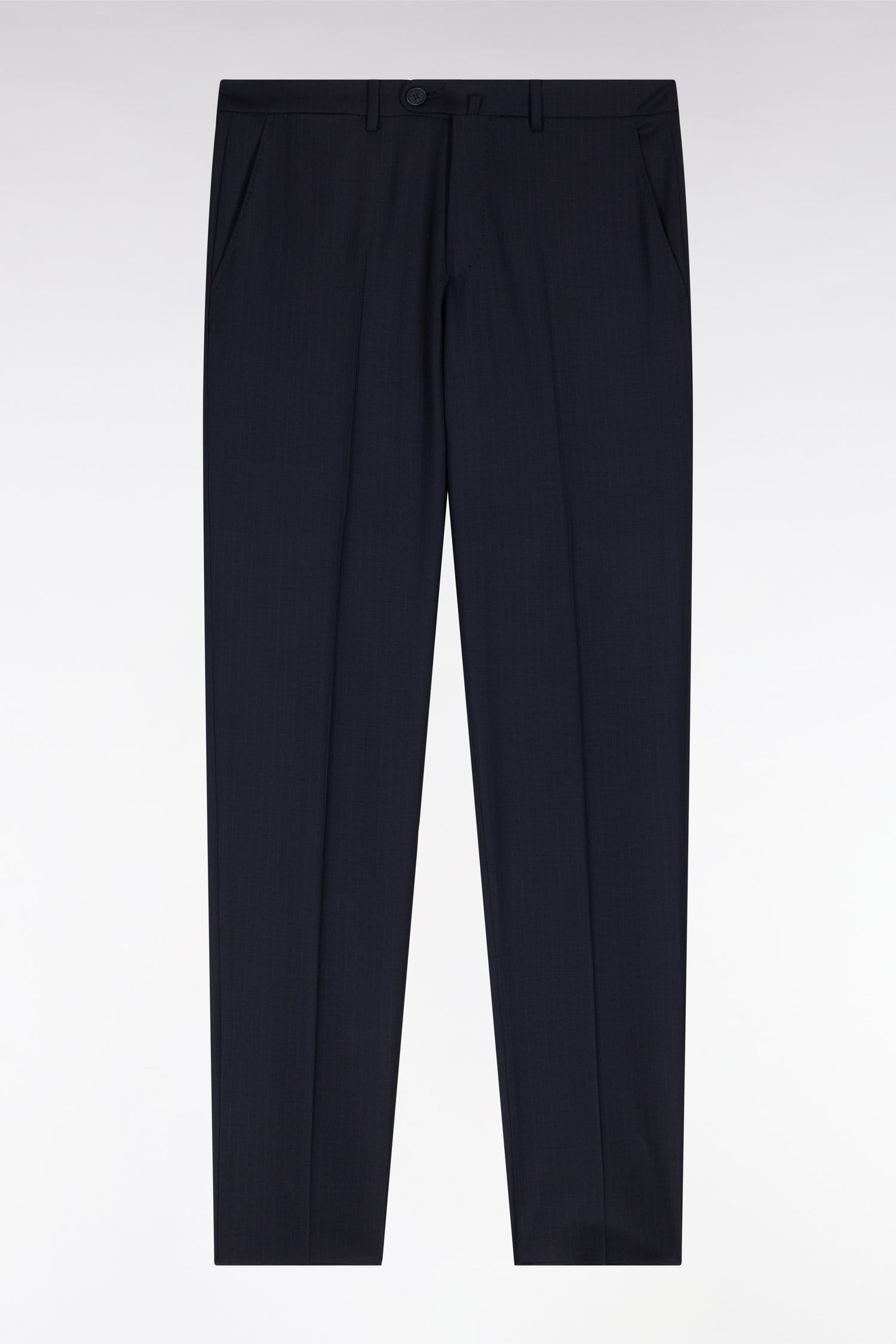 Pantalon en laine stretch mélangée marine à rayures fines