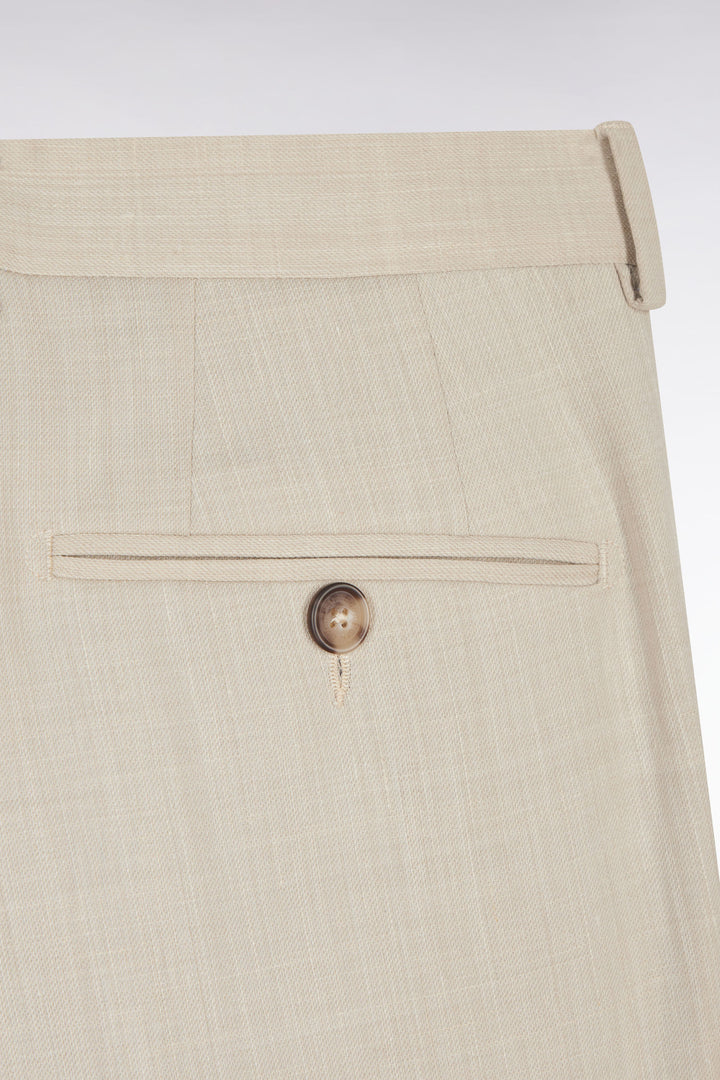 Pantalon à taille élastiquée en laine et coton stretch mélangés beige