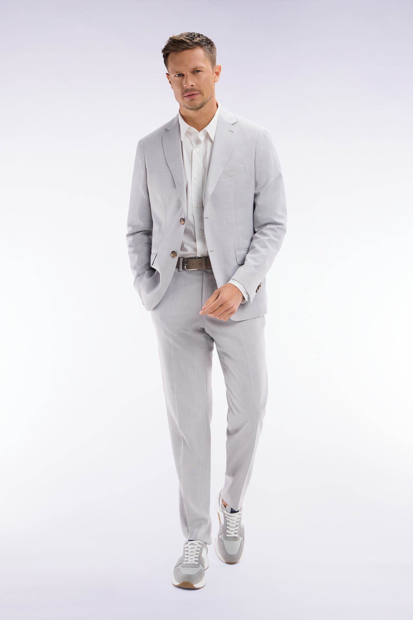 Elasticated trousers in grey stretch wool and cotton blend