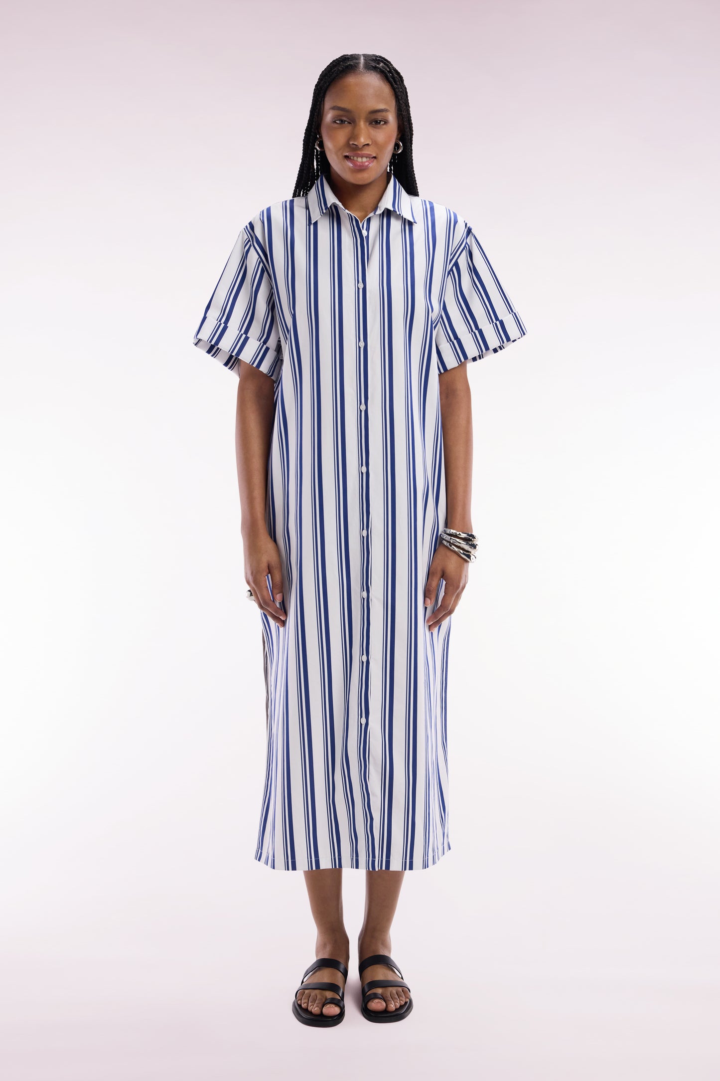 Relaxed fit striped shirt dress in navy and white cotton