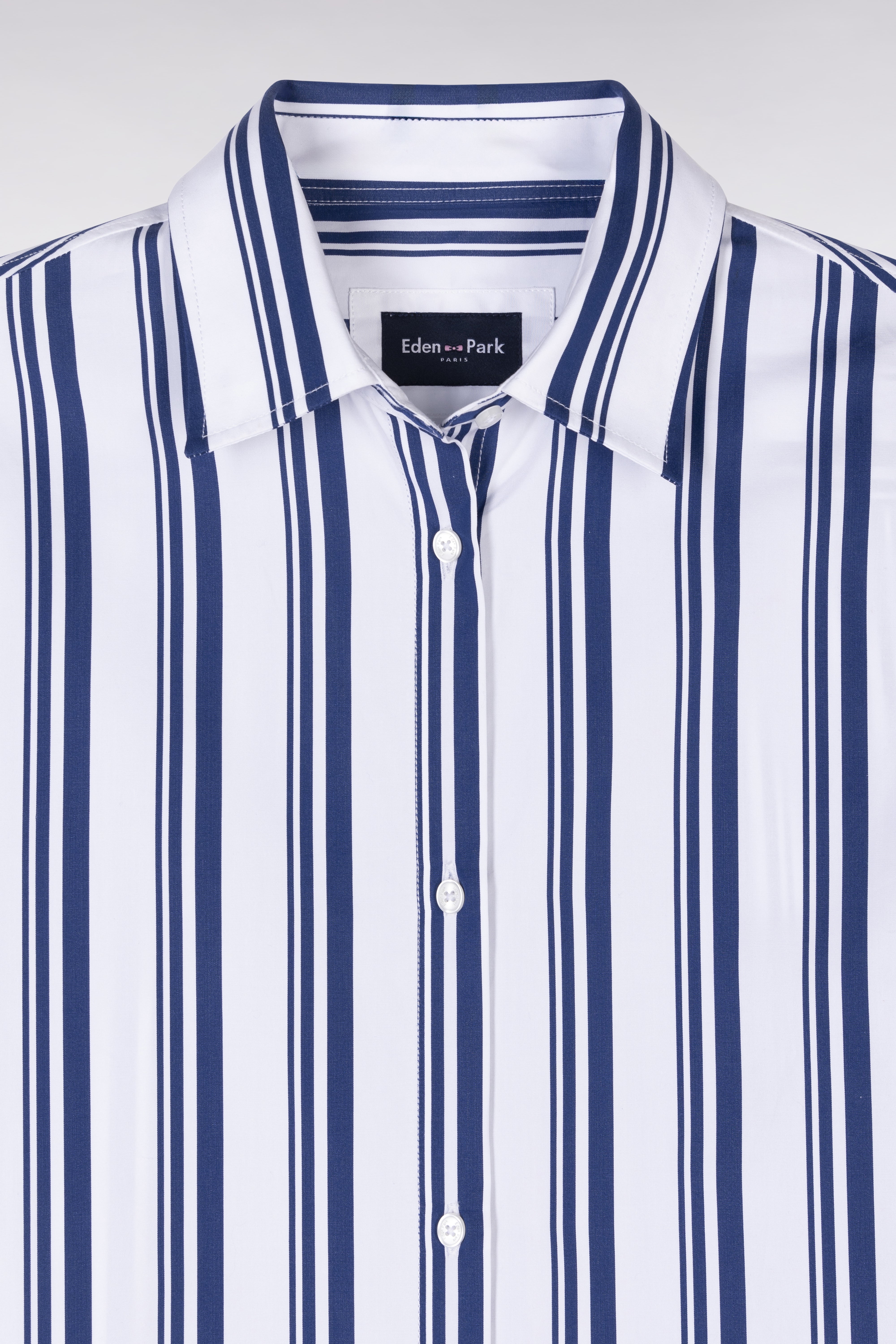 Kleid Hemd gestreift aus Baumwolle Marineblau und Weiß lockere Passform