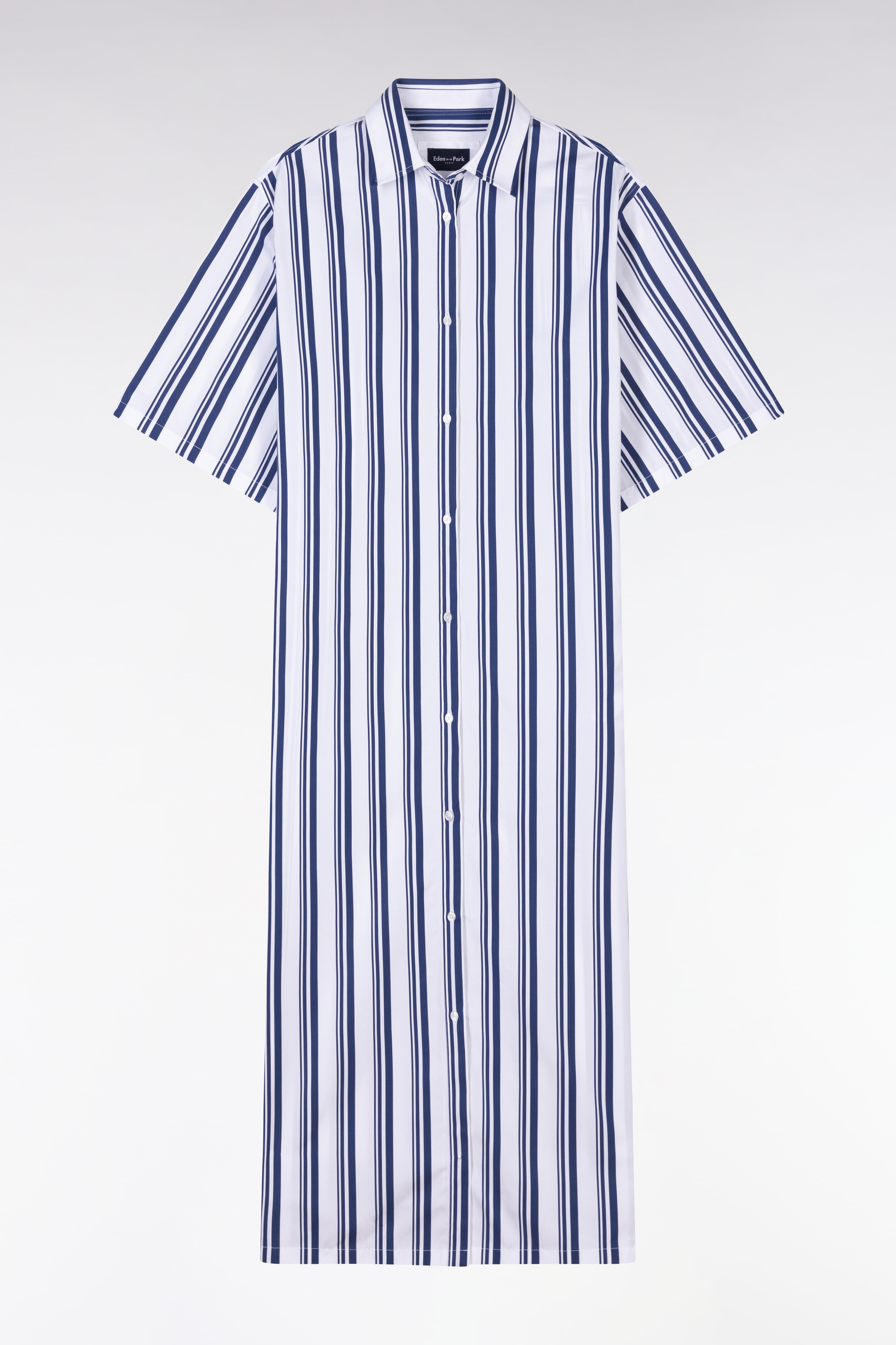 Kleid Hemd gestreift aus Baumwolle Marineblau und Weiß lockere Passform