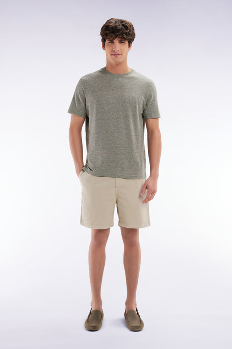 Short à taille élastique en coton stretch uni beige - Image 1