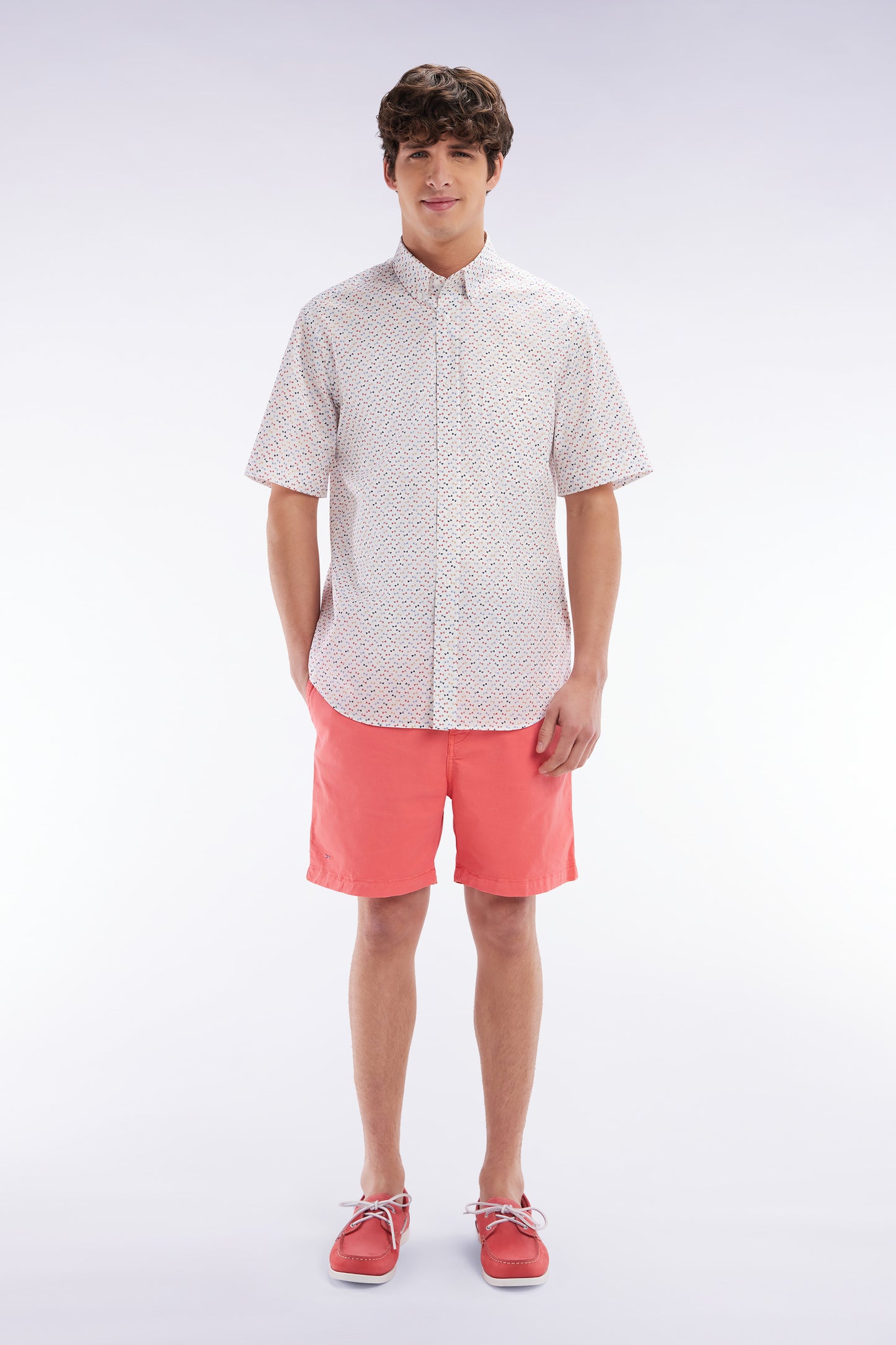Elastic waist shorts in plain salmon pink stretch cotton