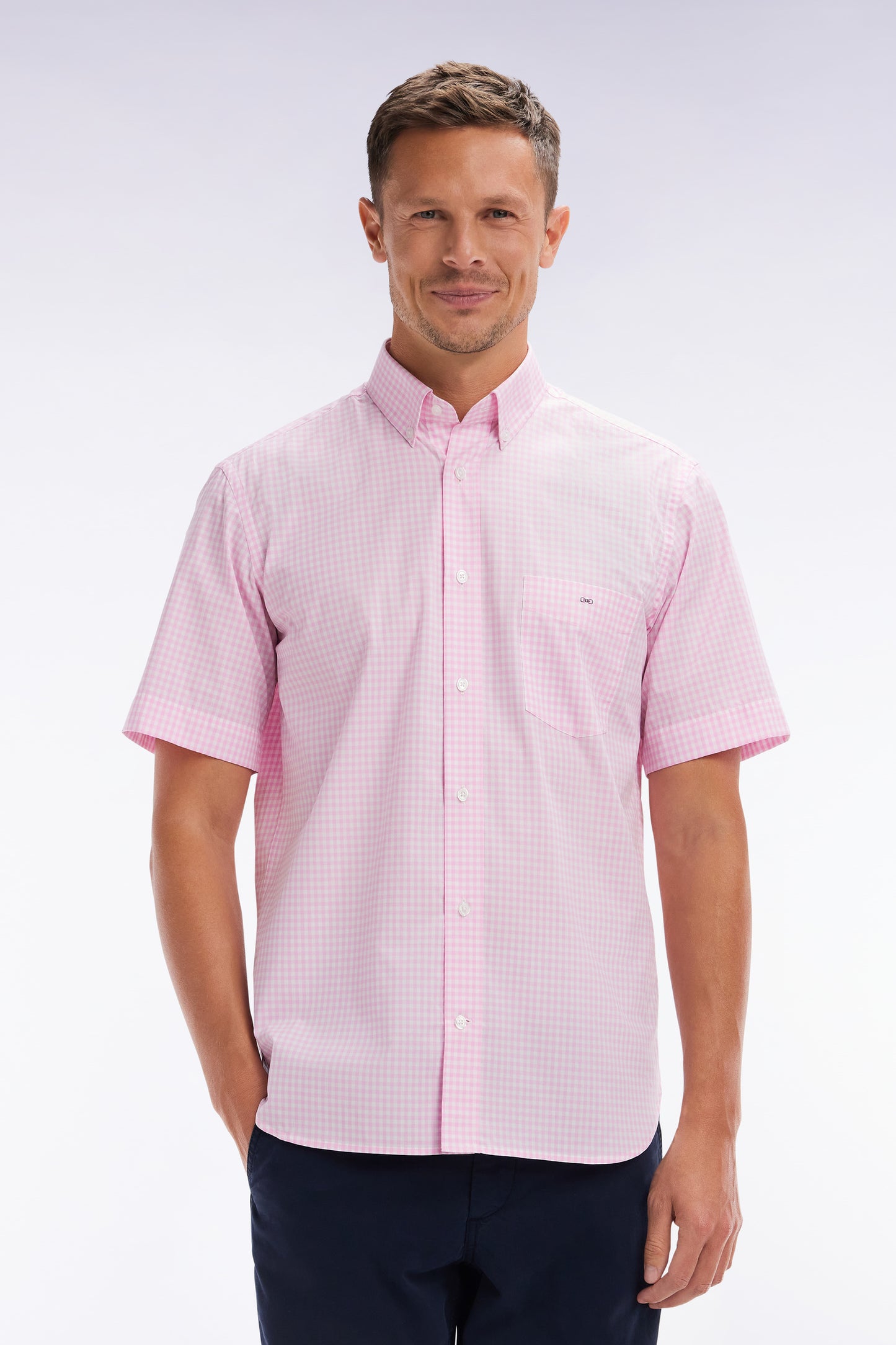 Straight short-sleeved shirt in pink gingham cotton