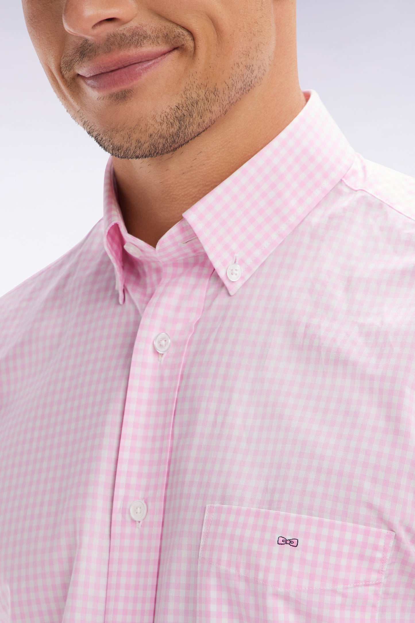 Straight short-sleeved shirt in pink gingham cotton