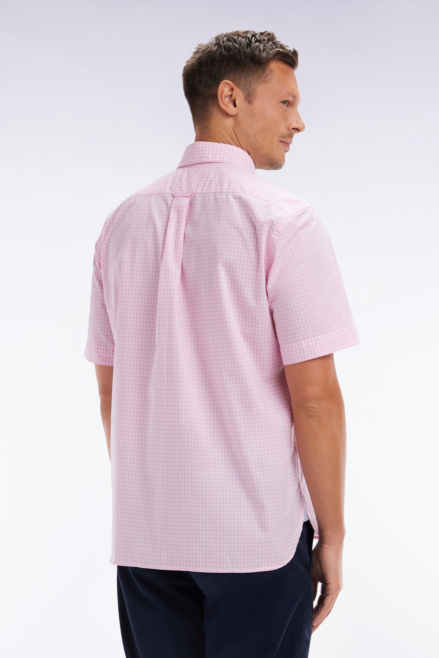 Straight short-sleeved shirt in pink gingham cotton