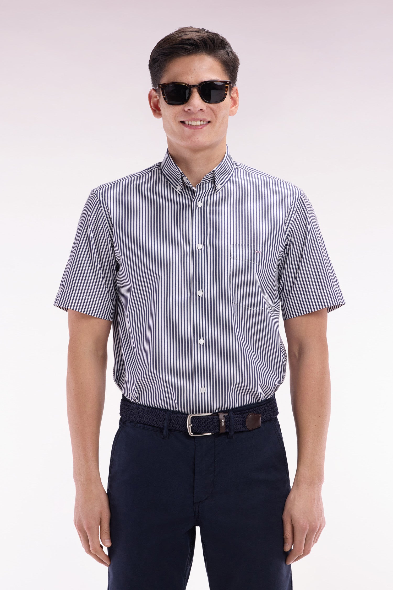 camicia a maniche corte in cotone a righe blu foncé vestibilità dritta