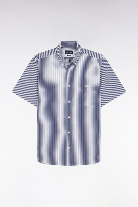 Straight short-sleeved shirt in striped dark blue cotton - Image 2