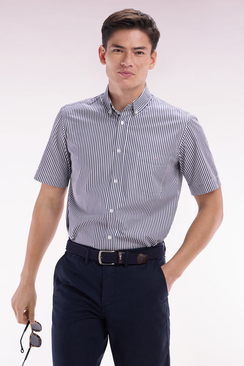 Straight short-sleeved shirt in striped dark blue cotton - Image 3