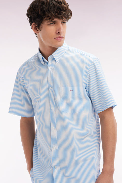 Straight short-sleeved shirt in striped sky blue cotton - Image 3