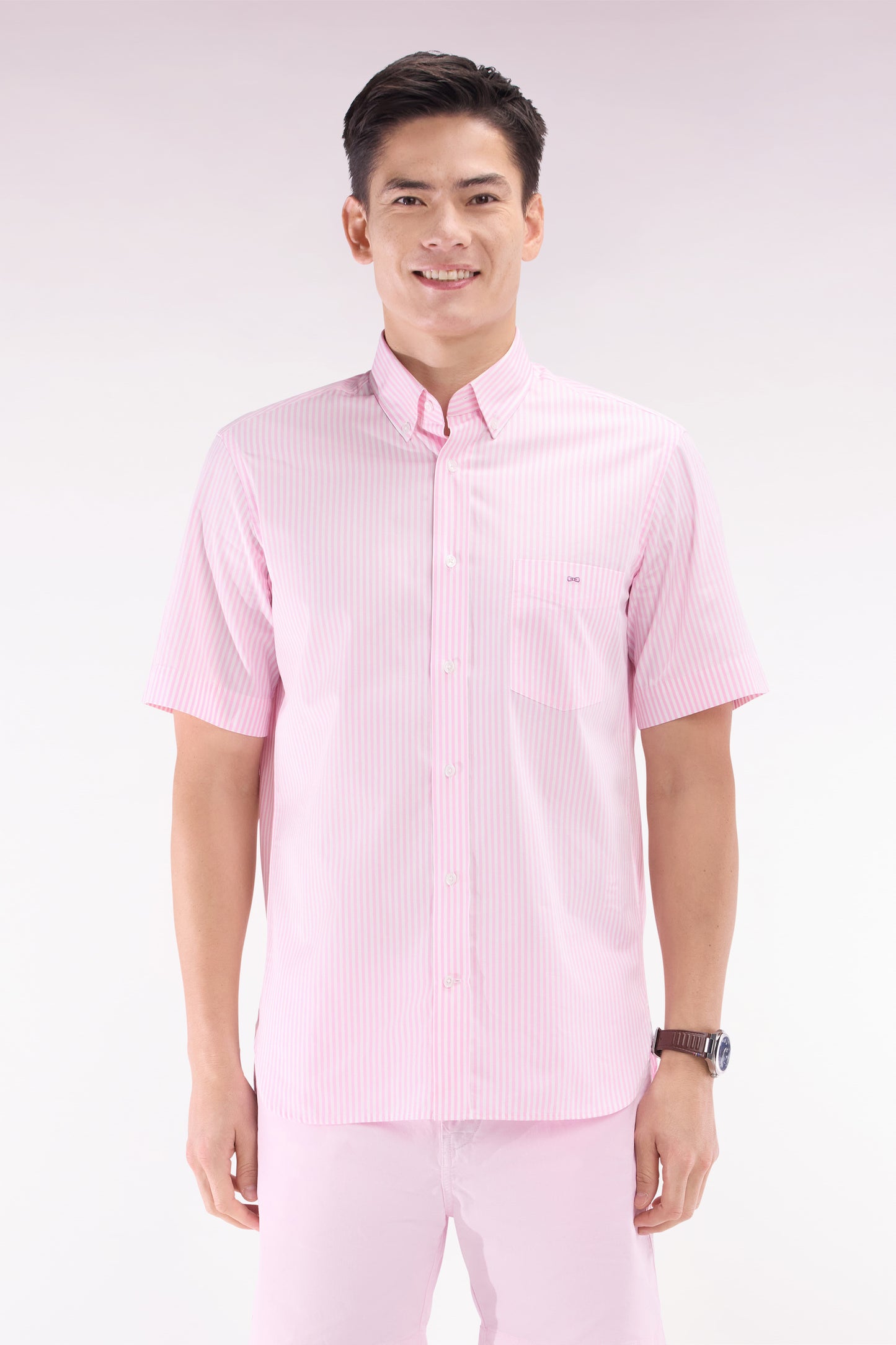 Straight short-sleeved shirt in striped pink cotton