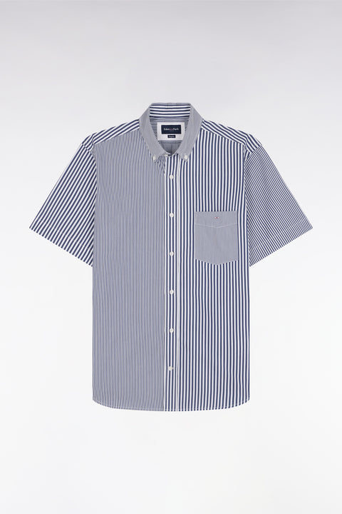 Straight short-sleeved shirt in dark blue striped poplin cotton - Image 2