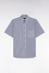 Straight short-sleeved shirt in dark blue striped poplin cotton