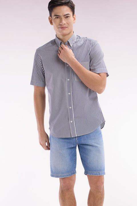 Straight short-sleeved shirt in dark blue striped poplin cotton - Image 3