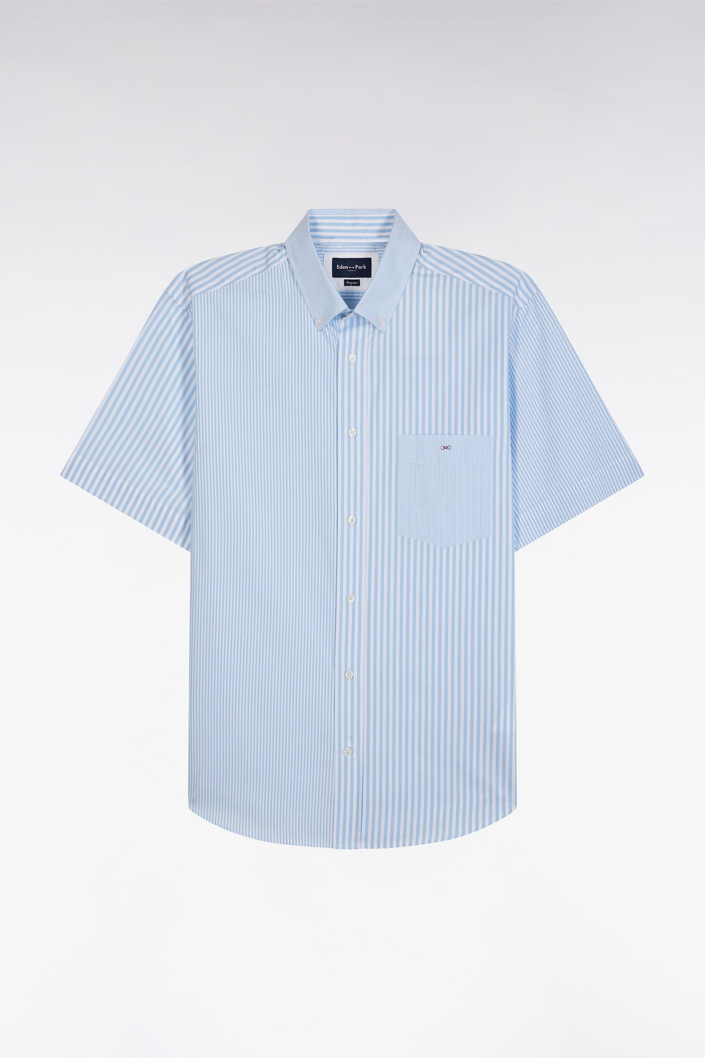 Straight short-sleeved shirt in sky blue striped poplin cotton