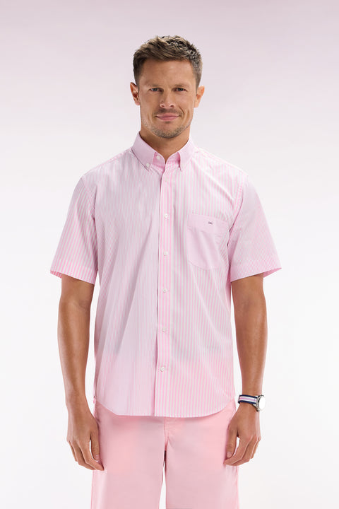 Straight short-sleeved shirt in pink striped poplin cotton - Image 1