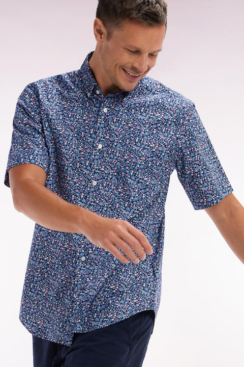 Straight short-sleeved navy shirt in cotton micro flowers print - Image 3