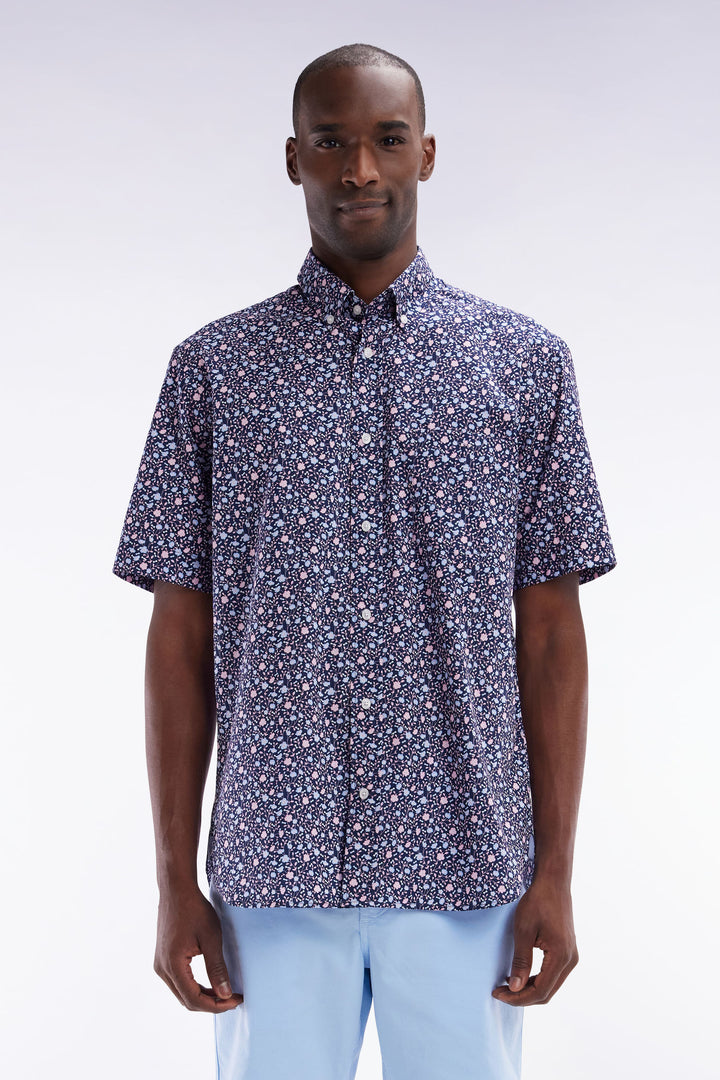 Chemise à manches courtes en popeline de coton marine imprimé floral rose coupe droite