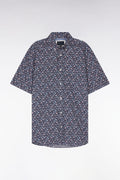 Chemise à manches courtes en popeline de coton marine imprimé floral rose coupe droite