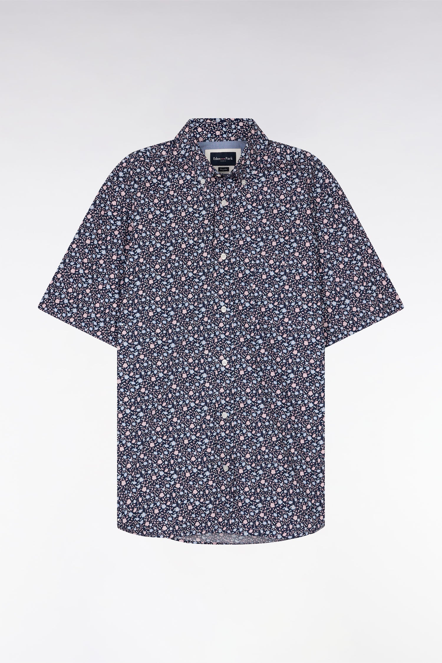 Chemise à manches courtes en popeline de coton marine imprimé floral rose coupe droite