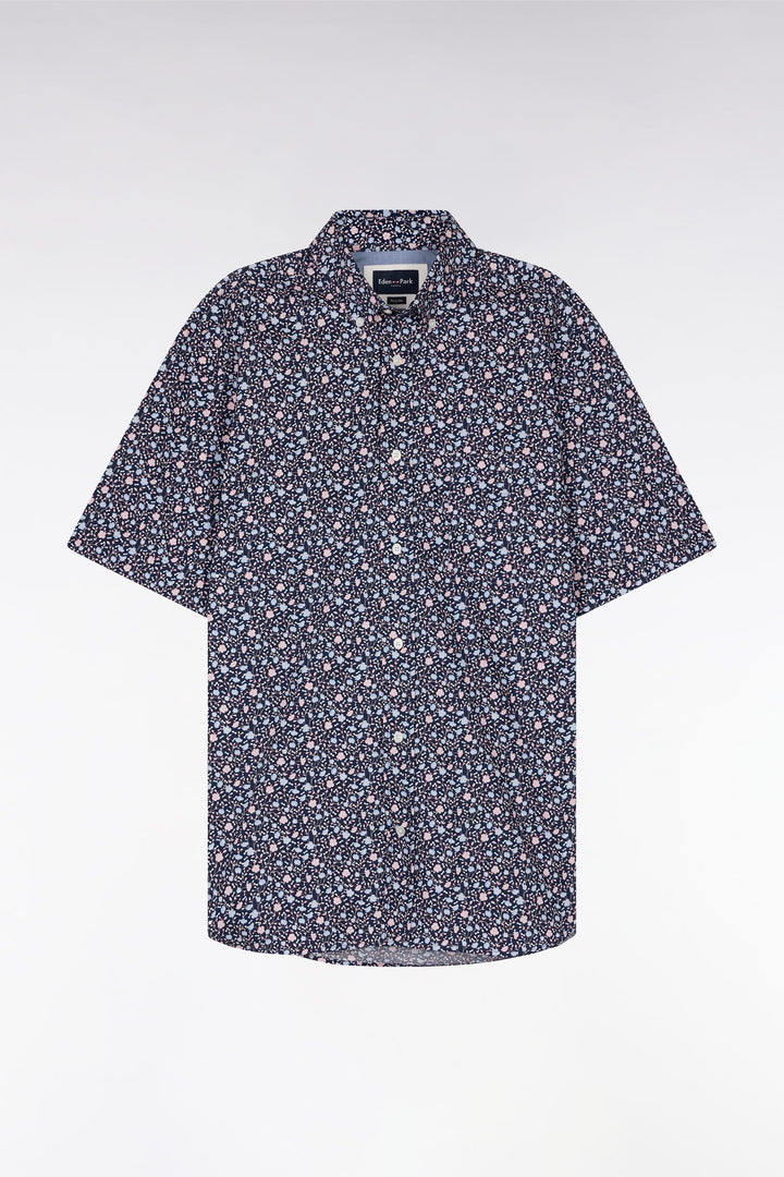 Chemise à manches courtes en popeline de coton marine imprimé floral rose coupe droite