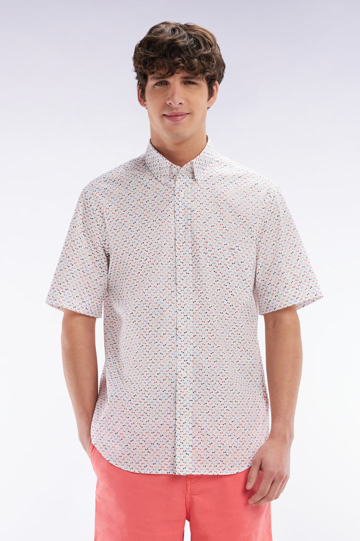 Chemise à manches courtes en popeline de coton écrue imprimé nœud papillon multicolore coupe droite