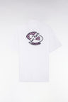 Straight short-sleeved white shirt in cotton poplin with pink rimmed back embroidery
