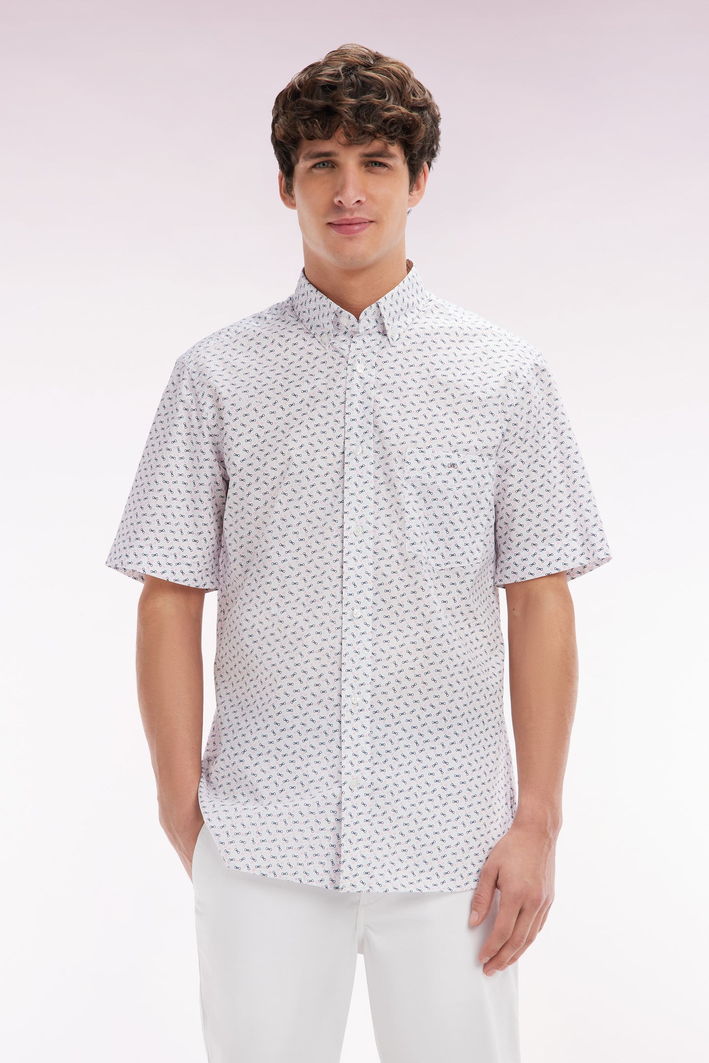 Straight short-sleeved shirt in ecru cotton poplin bow tie micropattern