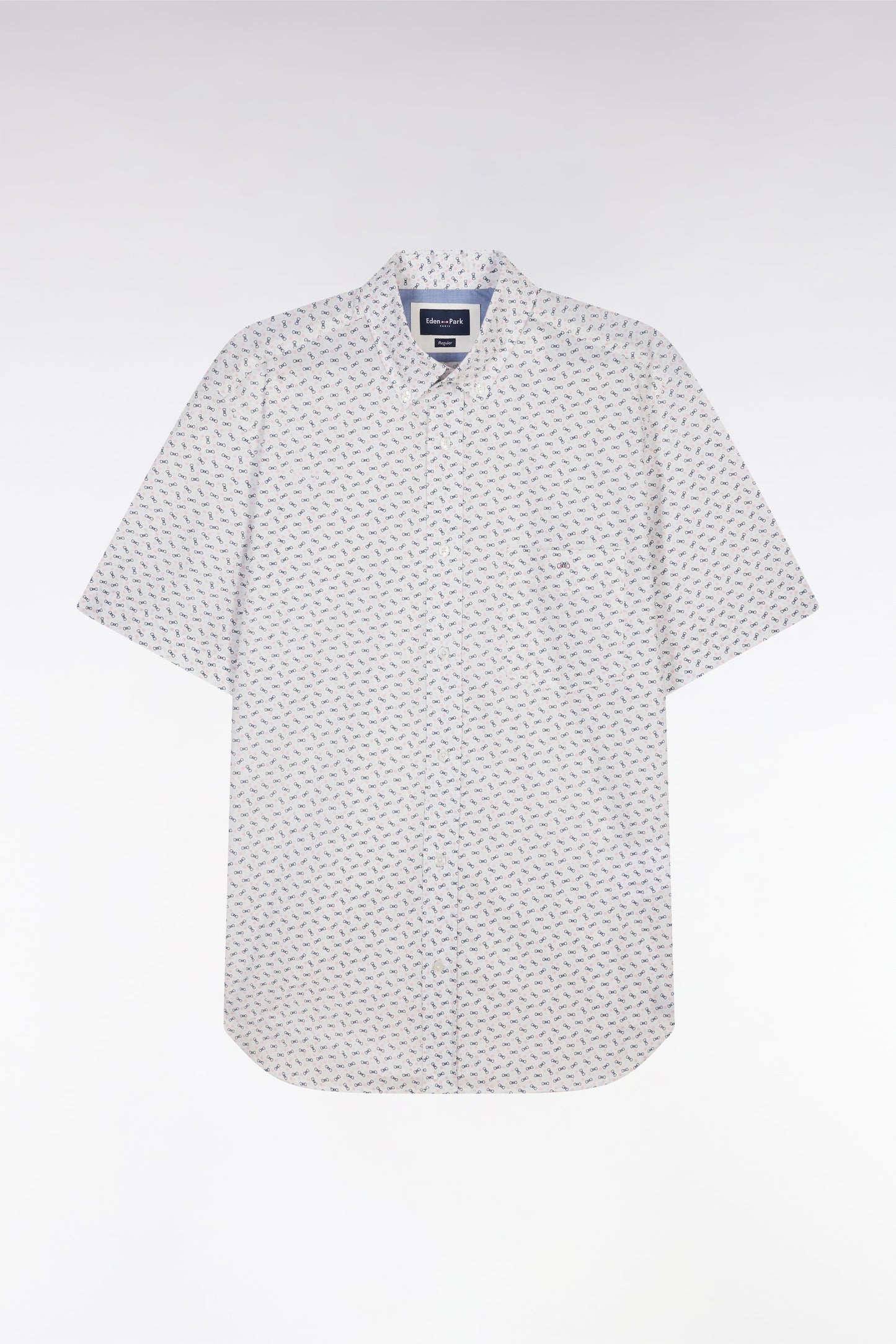 Straight short-sleeved shirt in ecru cotton poplin bow tie micropattern