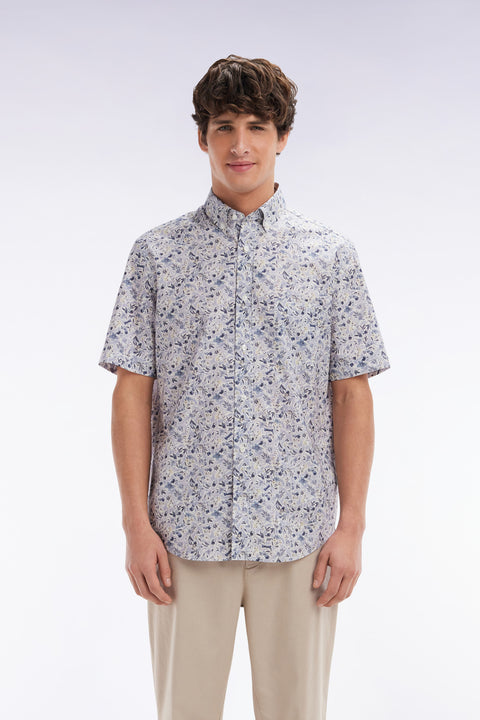 Straight short-sleeved grey shirt in Pima cotton poplin floral micropattern - Image 1
