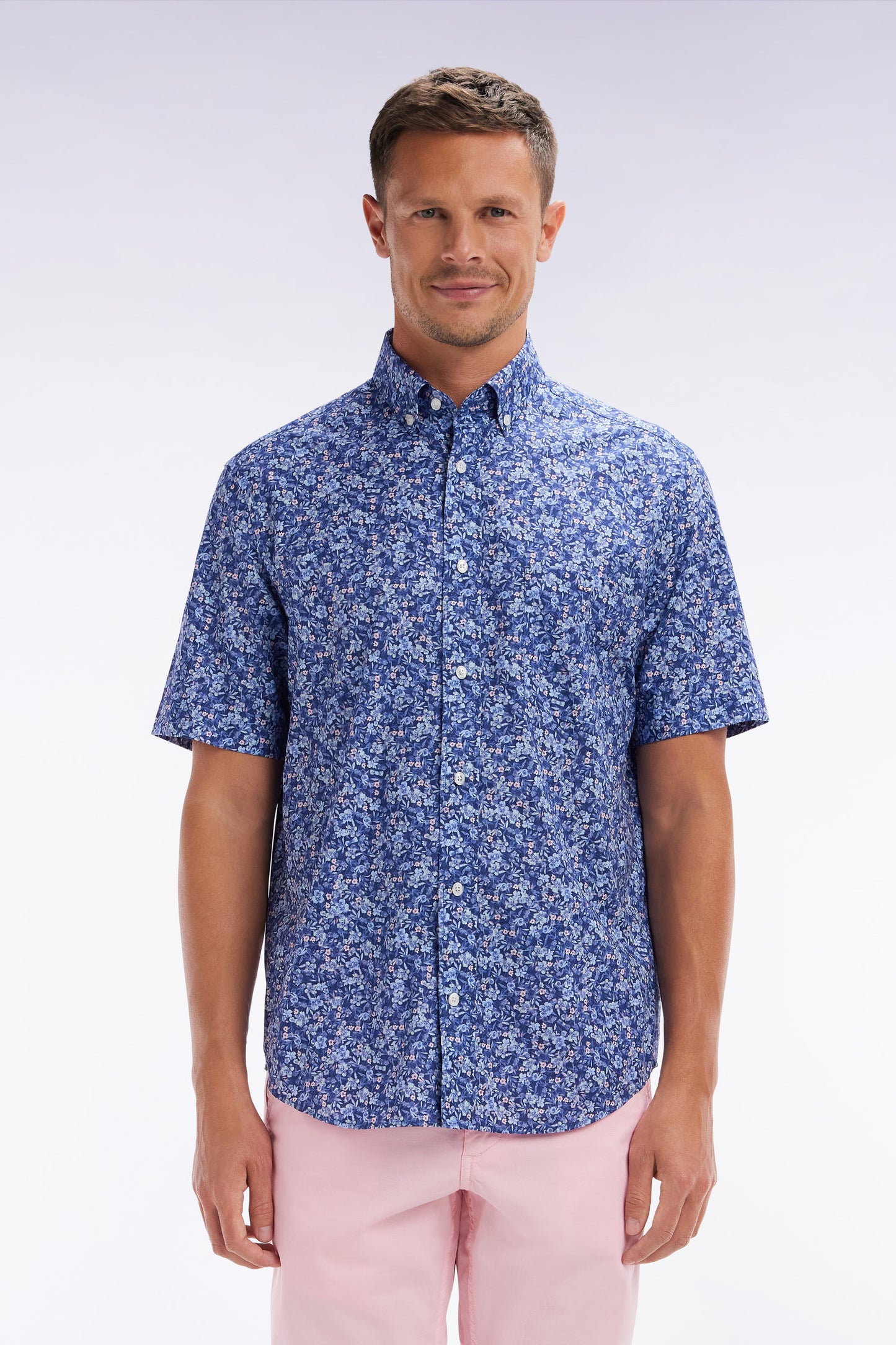 Straight short-sleeved shirt in Pima cotton poplin blue micro floral pattern